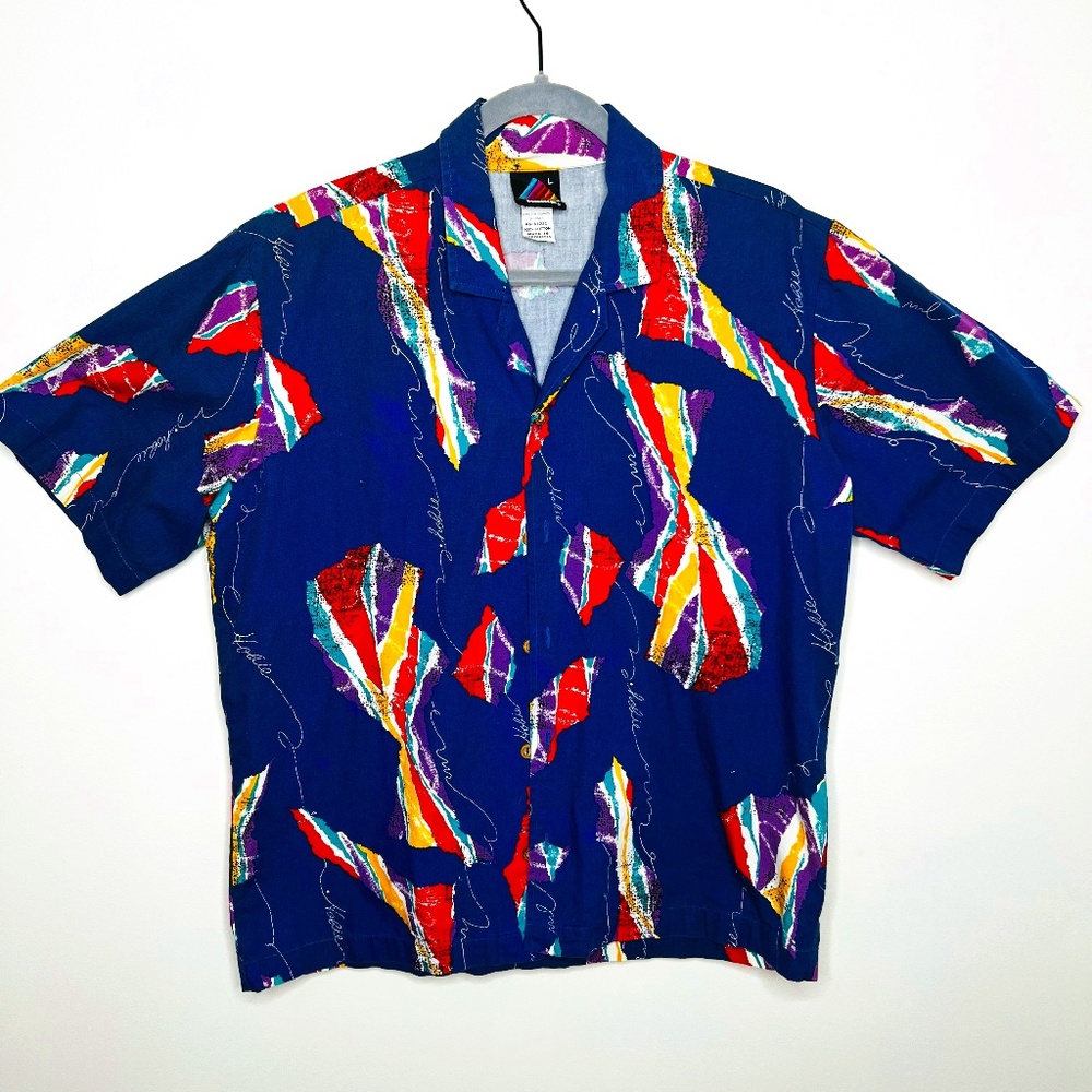 Vintage Hobie Large Hawaiian Shirt with Bold Bright Graphics! Electric Blue